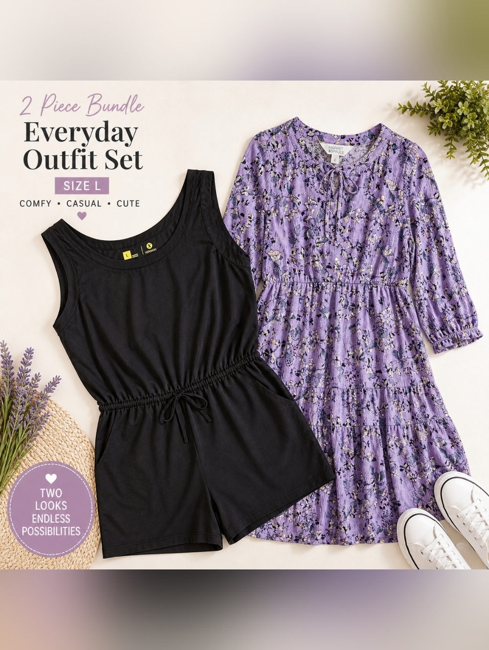 Women L Outfit Bundle 2 Pc Set Black Romper + Floral Dress Casual Comfy Summer